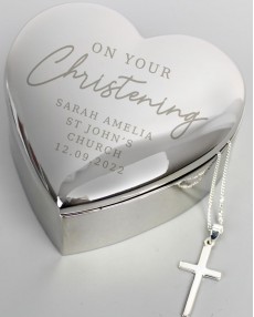 Personalised Christening Heart Trinket Box & Cross Necklace Set
