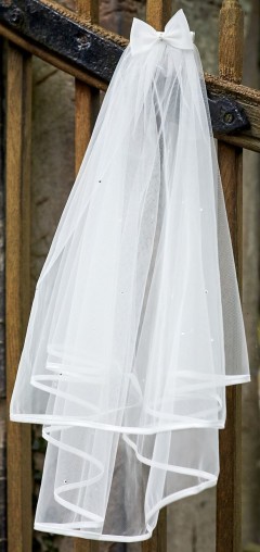 Classic communion veil with satin edge, scattered pearls & bow