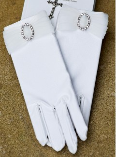 Girls White Satin Holy Communion Gloves with Organza & Diamante