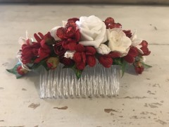 Handmade Floral Comb with Red & White Flowers & Red Glass Beads - Communion or Flower Girl
