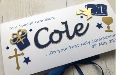 ***UK CUSTOMERS ONLY*** Personalised Name First Holy Communion Card for Boy Navy on White