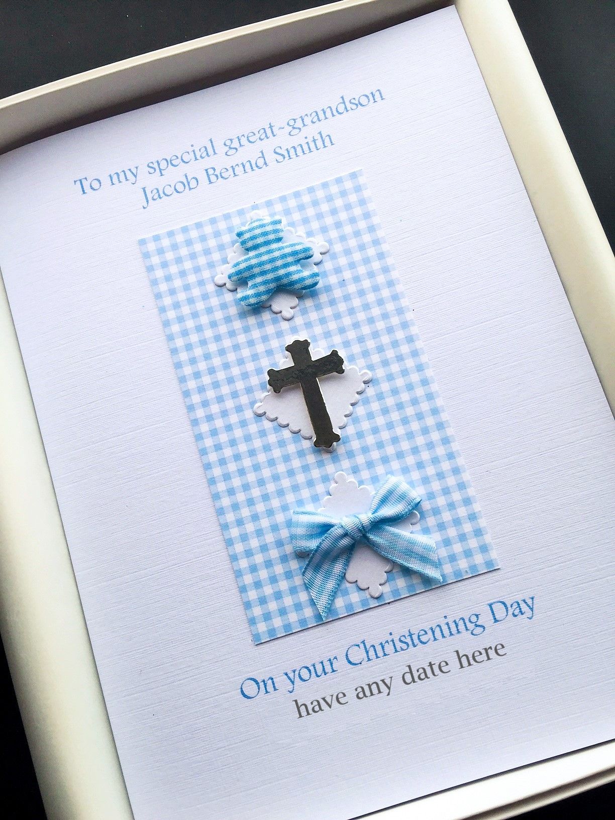 ***UK CUSTOMERS ONLY*** Christening Card for Boy - Gingham Trio Design