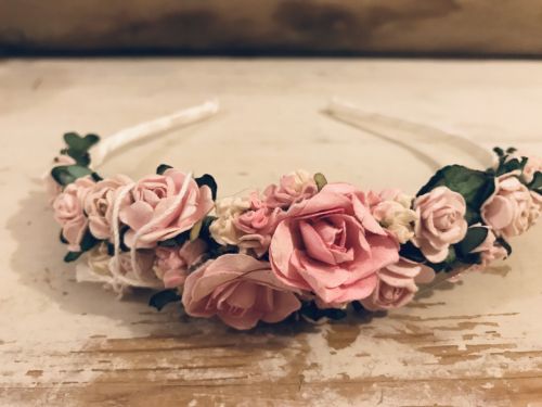 (Cloned) Handmade Floral Hairband with Pink Roses - Communion or Flower Girl