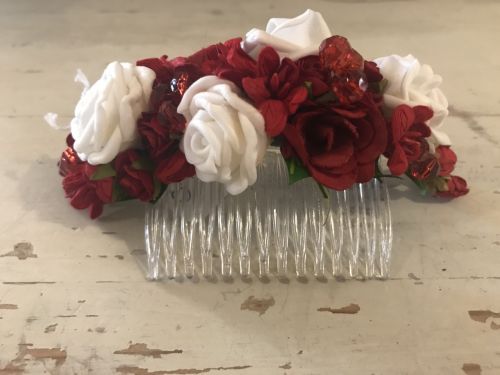 Handmade Floral Comb with Red & White Flowers - Communion or Flower Girl