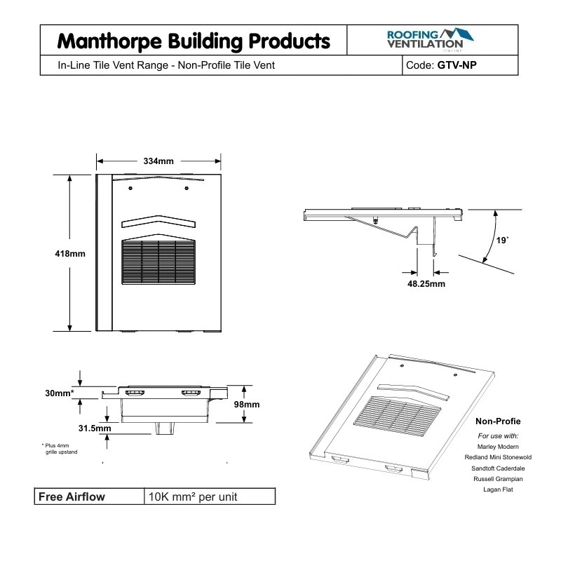 Manthorpe Non-Profile In-Line Tile Vent – For Roof Space Ventilation & Extractor Fan Ducting, Fits Flat Roof Tiles-804257