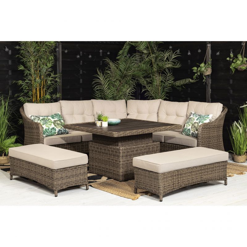 Hazel Luxury Brown Rattan Garden Corner Sofa With Benches and Rising Table