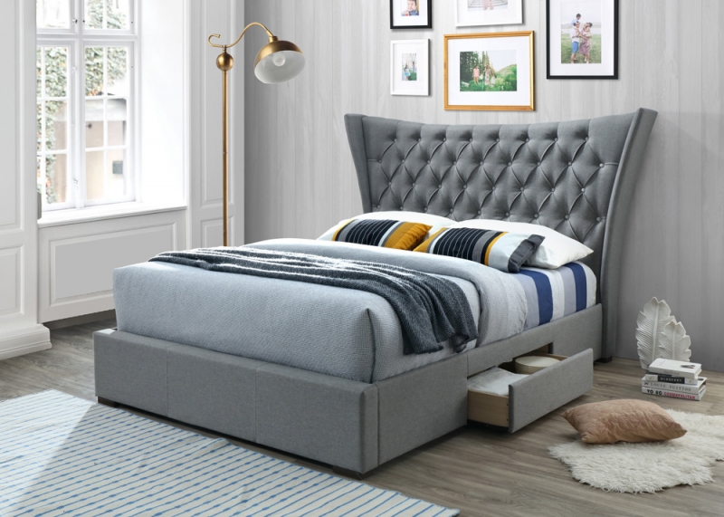 artisan light grey fabric bed with 2 drawers